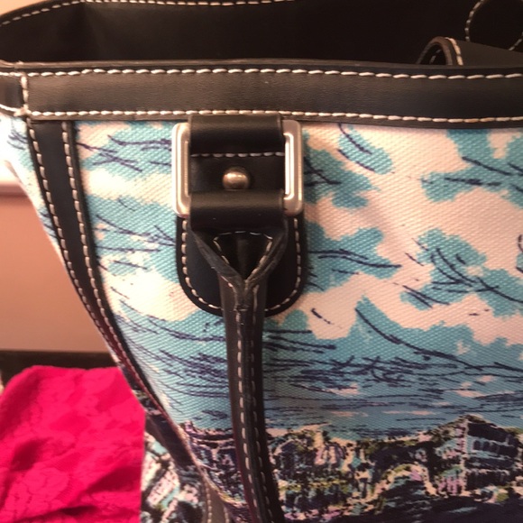 Talbots tote leather trim navy Scene print w/aqua - Picture 2 of 8